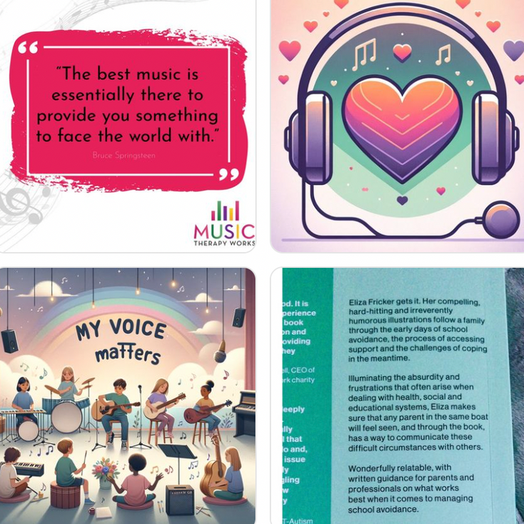 Four images promoting music therapy. The top left has a quote; the top right, headphones with a heart; the bottom left, a band; the bottom right, text.