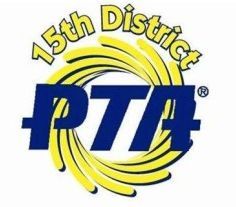 the logo for the 15th district pta is yellow and blue .