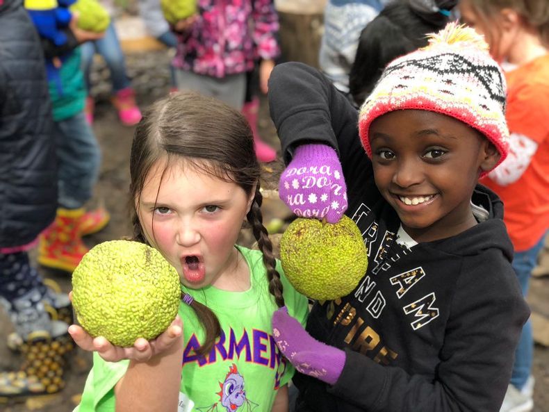 two young girls are holding green apples in their hands .