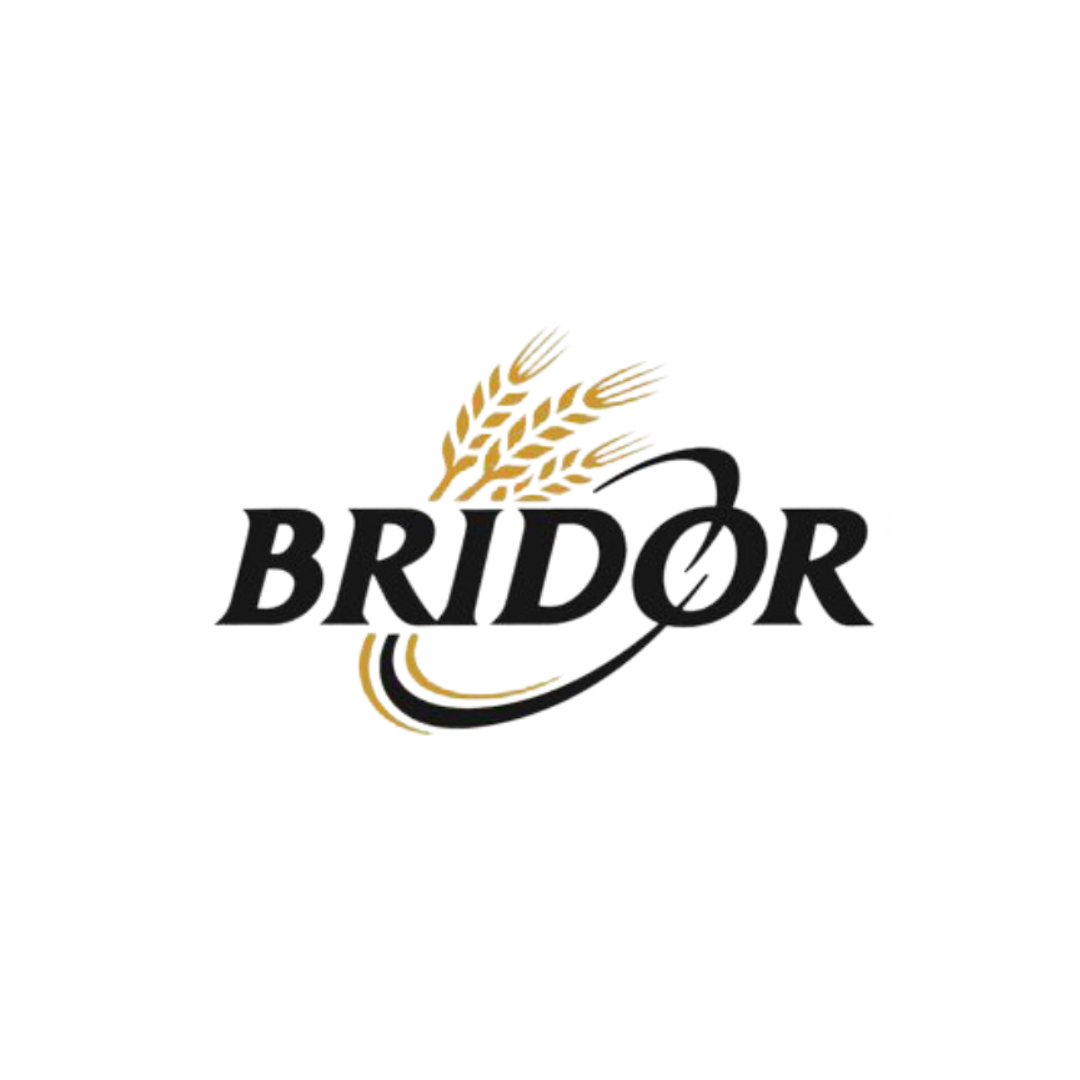 Ein Logo für ein Unternehmen namens Bridor mit Weizenähren auf weißem Hintergrund.