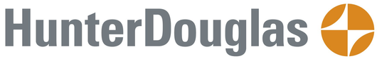 The logo for hunter douglas is shown on a white background