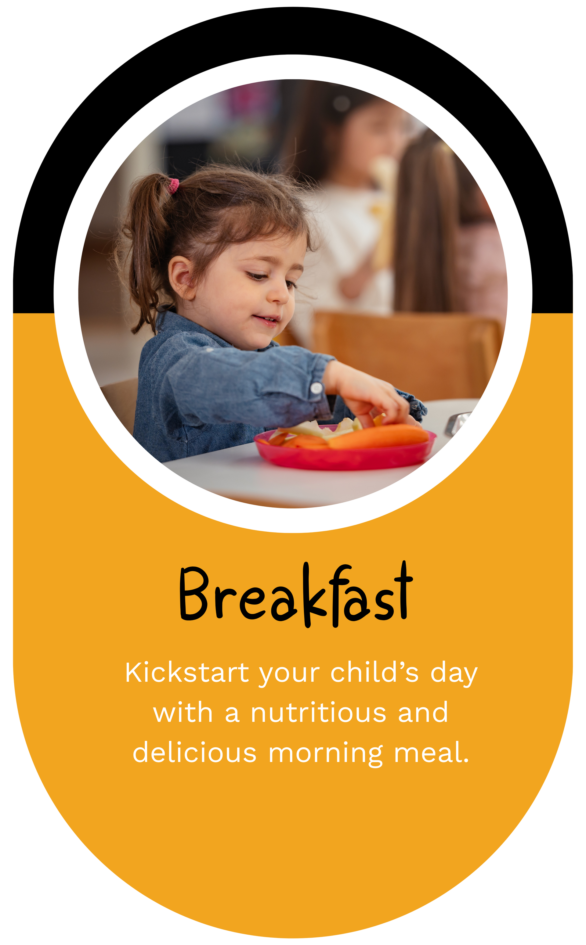 Child eating breakfast at a table. Orange background, black outline.