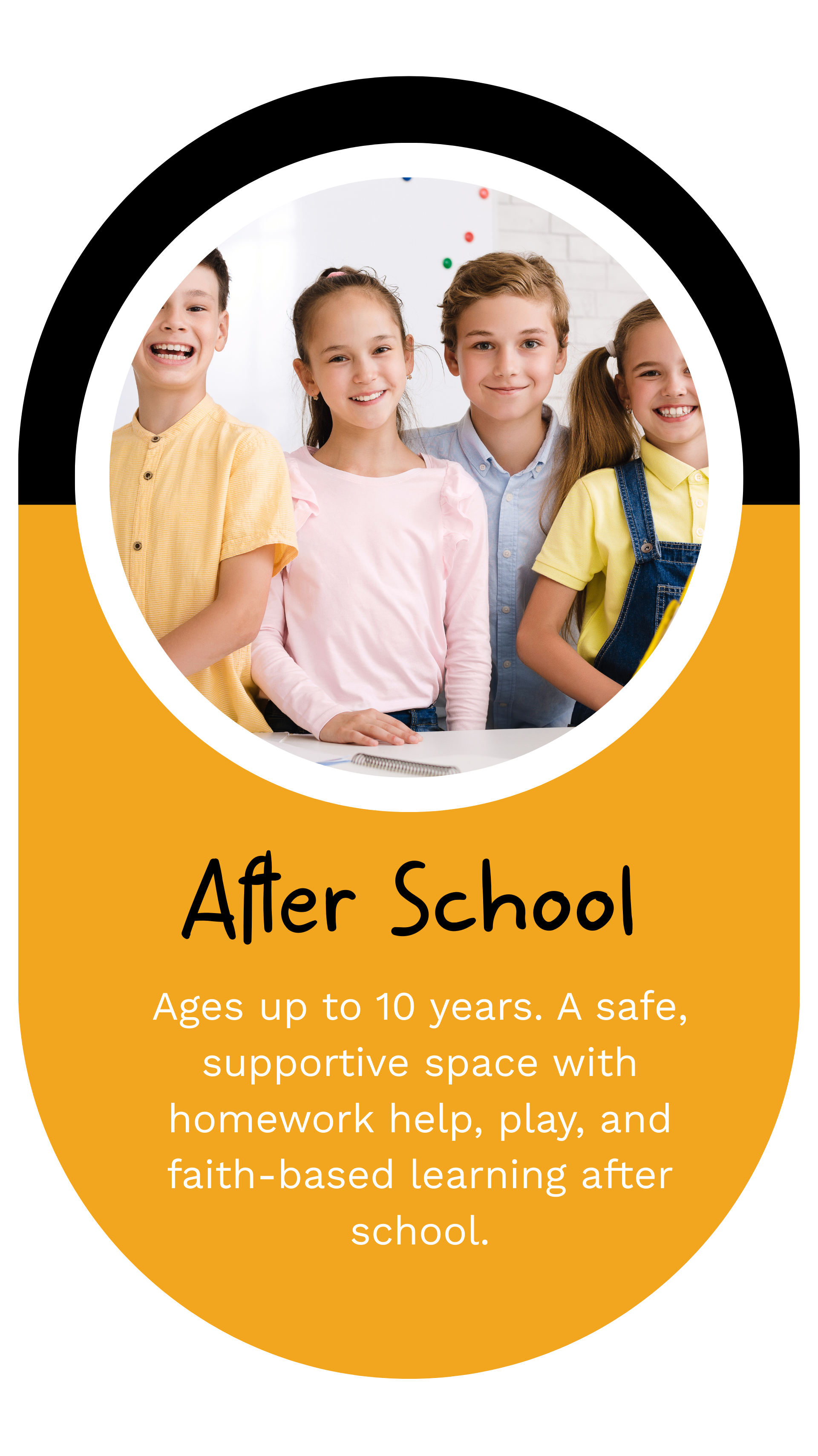 Child eating breakfast at a table. Orange background, black outline.
