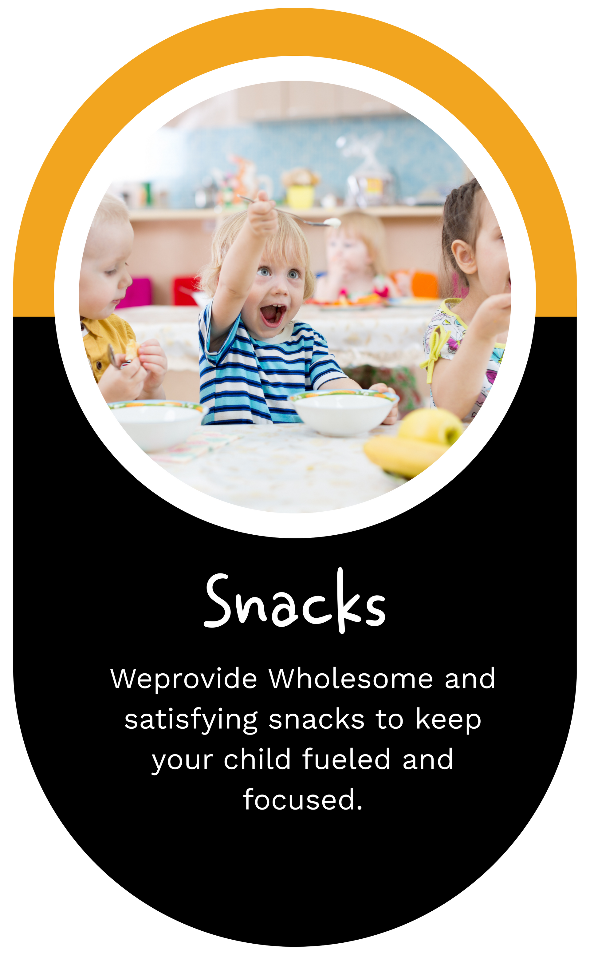Children eating snacks at a table, an oval graphic with text