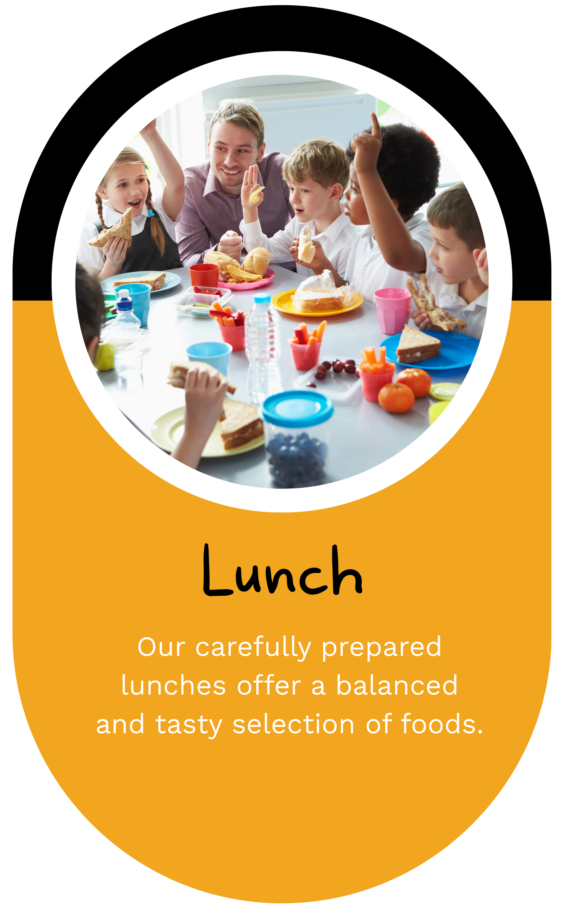 Children and an adult at a table eating lunch. Text