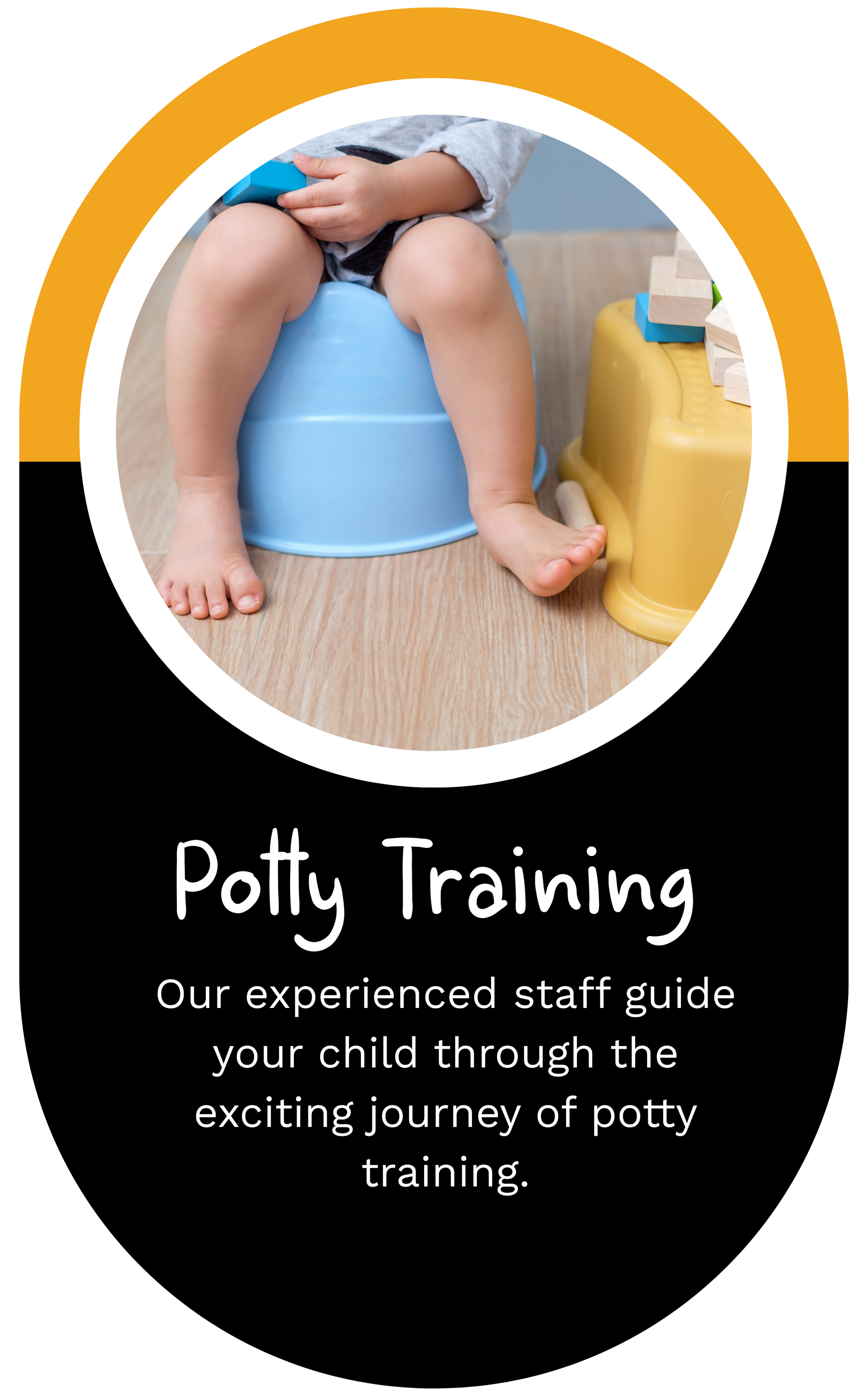 Child on a blue potty; text