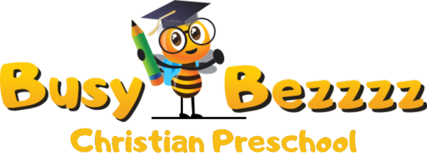 Logo for "Busy Bezzz" Christian Day Care; bee wearing graduation cap and glasses holding a pencil.
