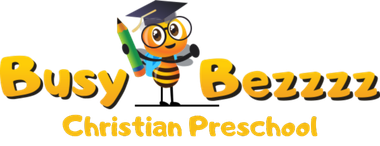 Logo for "Busy Bezzz" Christian Day Care; bee wearing graduation cap and glasses holding a pencil.