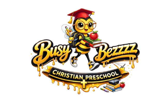 Logo for "Busy Bezzz" Christian Day Care; bee wearing graduation cap and glasses holding a pencil.