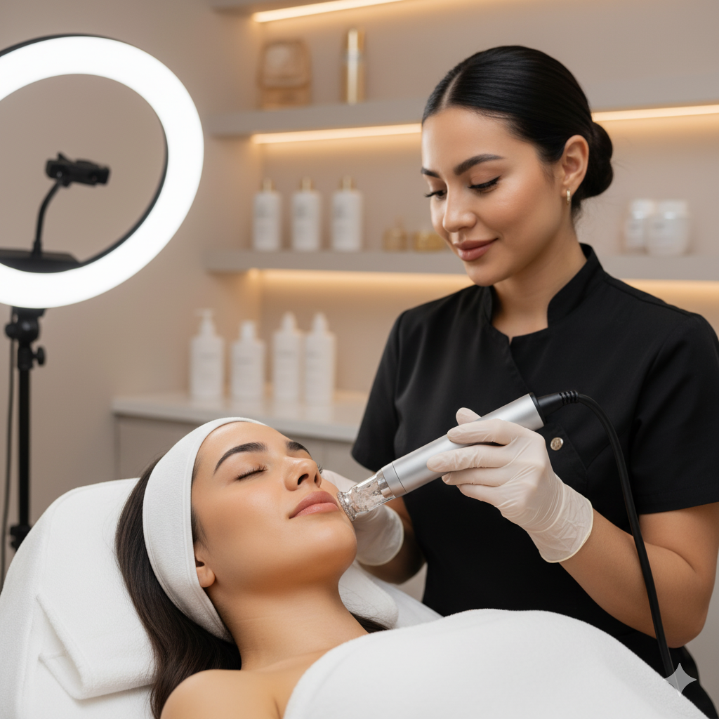 Woman receiving facial treatment in a spa, administered by a gloved esthetician. Brightly lit with a ring light.