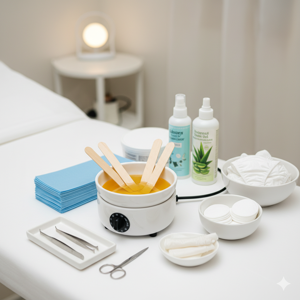 Waxing supplies on a white table: wax warmer, aloe vera spray, tools, cotton, and blue cloths.