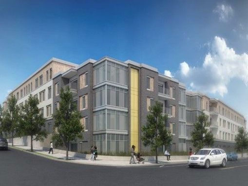 An artist 's impression of a large apartment building with a car parked in front of it.