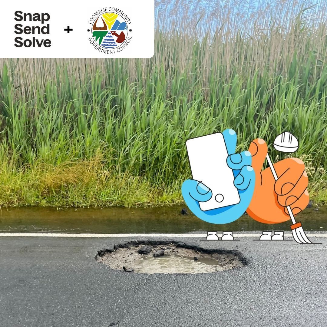 A cartoon character is holding a cell phone and a fork near a hole in the road.