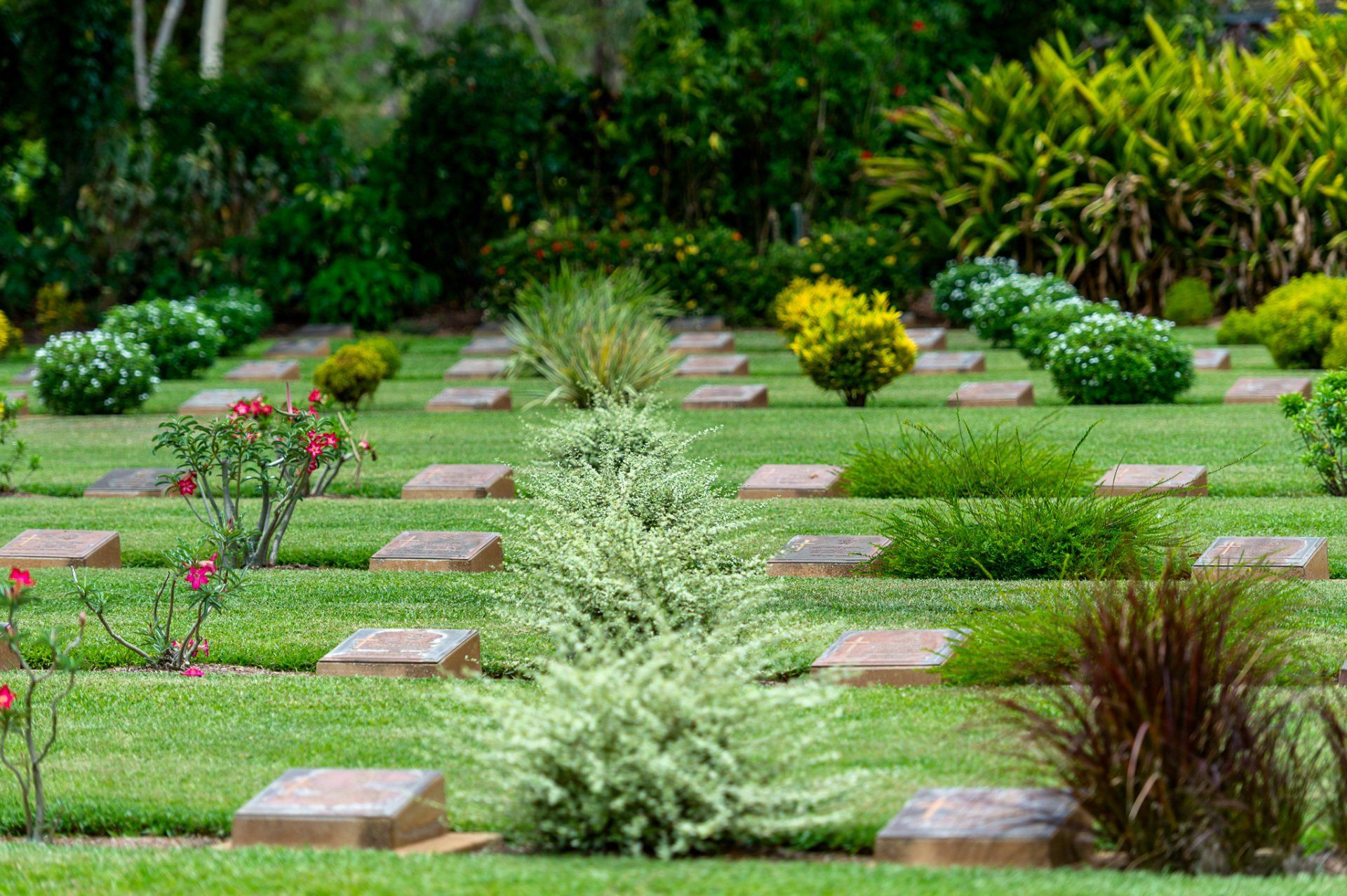 A cemetery filled with lots of graves and flowers.