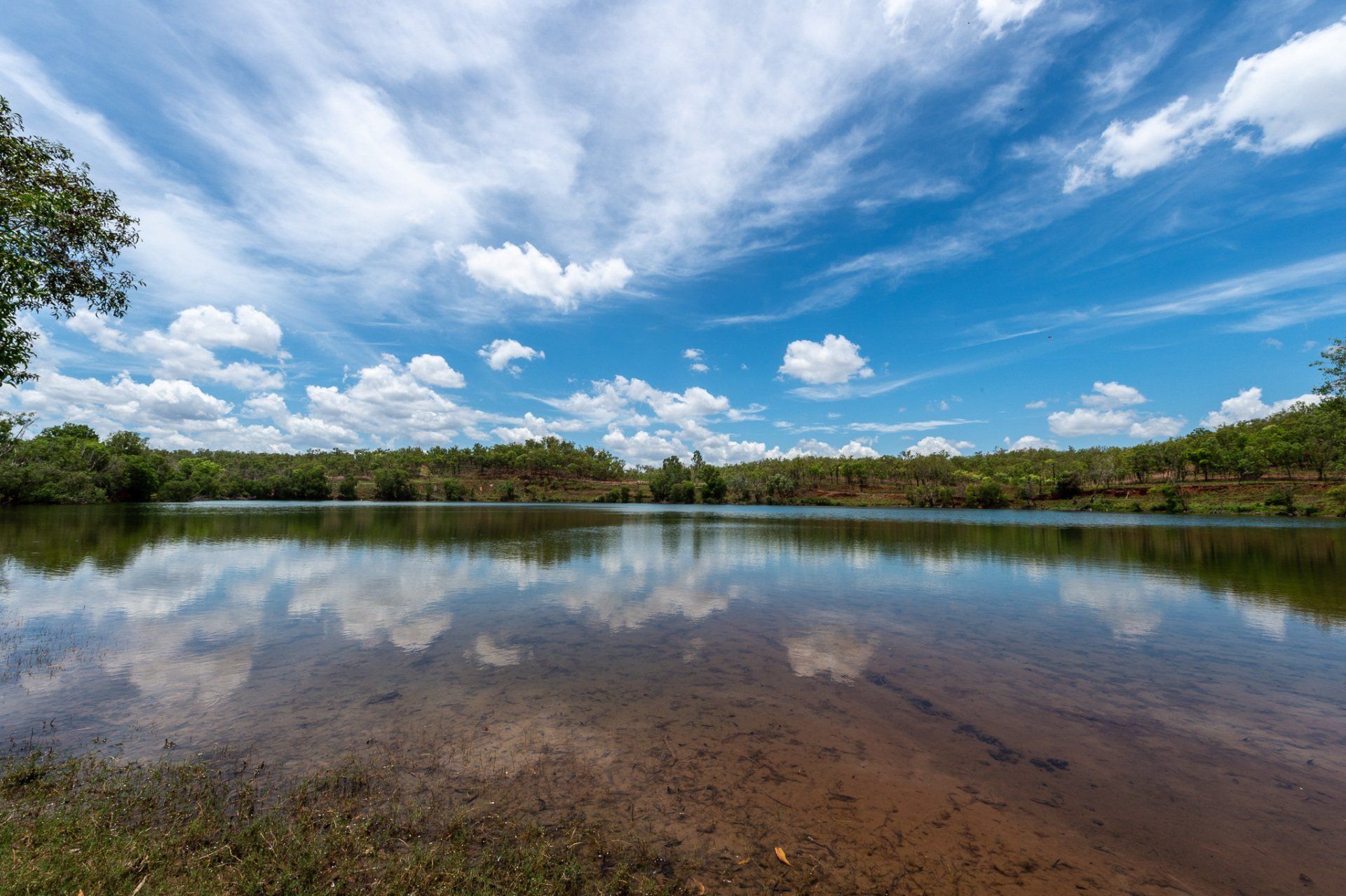 A lake with trees on the shore and a blue sky with clouds reflected in the water