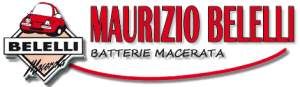 Logo per Maurizio Belelli Batterie Macerata, con l'icona di un'auto rossa sopra il nome del marchio in testo rosso su sfondo bianco.