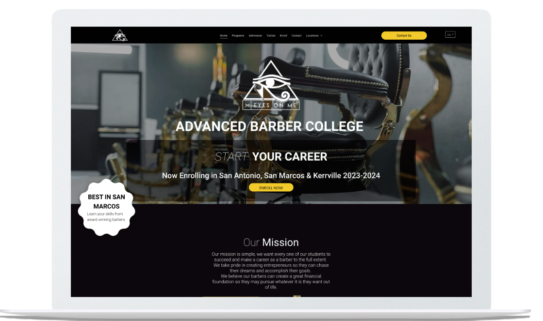 A laptop computer is open to a website for advanced barber college.