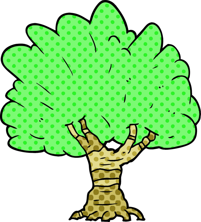 A cartoon drawing of a tree with green leaves on a white background.