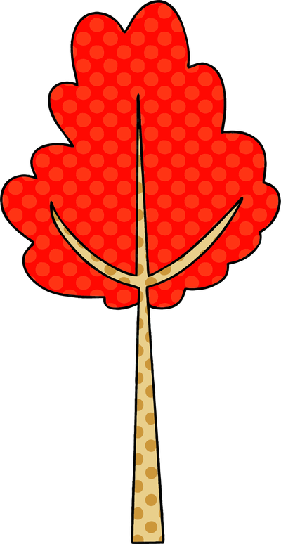 A cartoon drawing of a tree with red leaves and a yellow stem.
