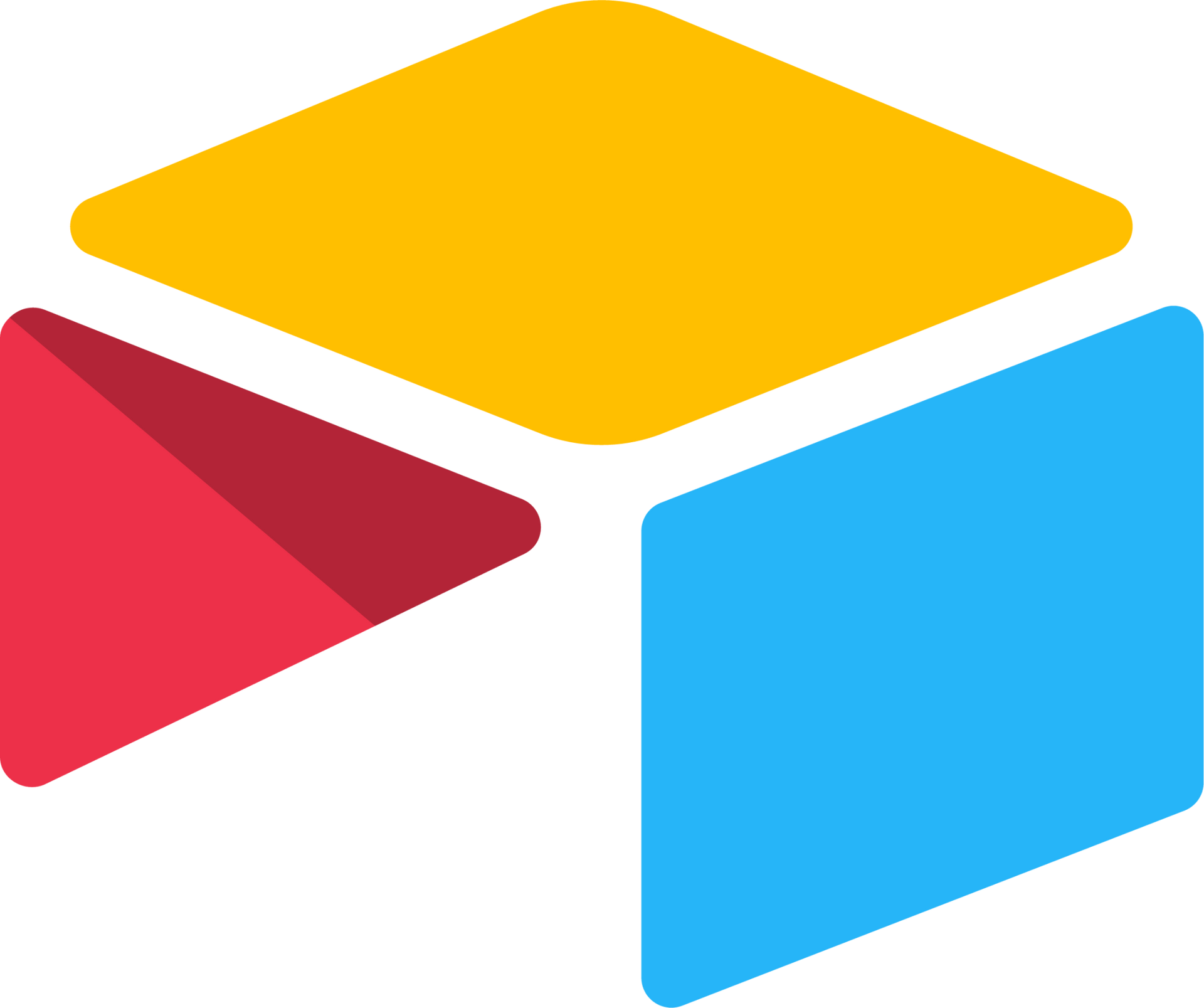 A yellow , red , and blue cube on a white background.