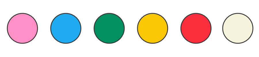 A row of colorful circles on a white background.