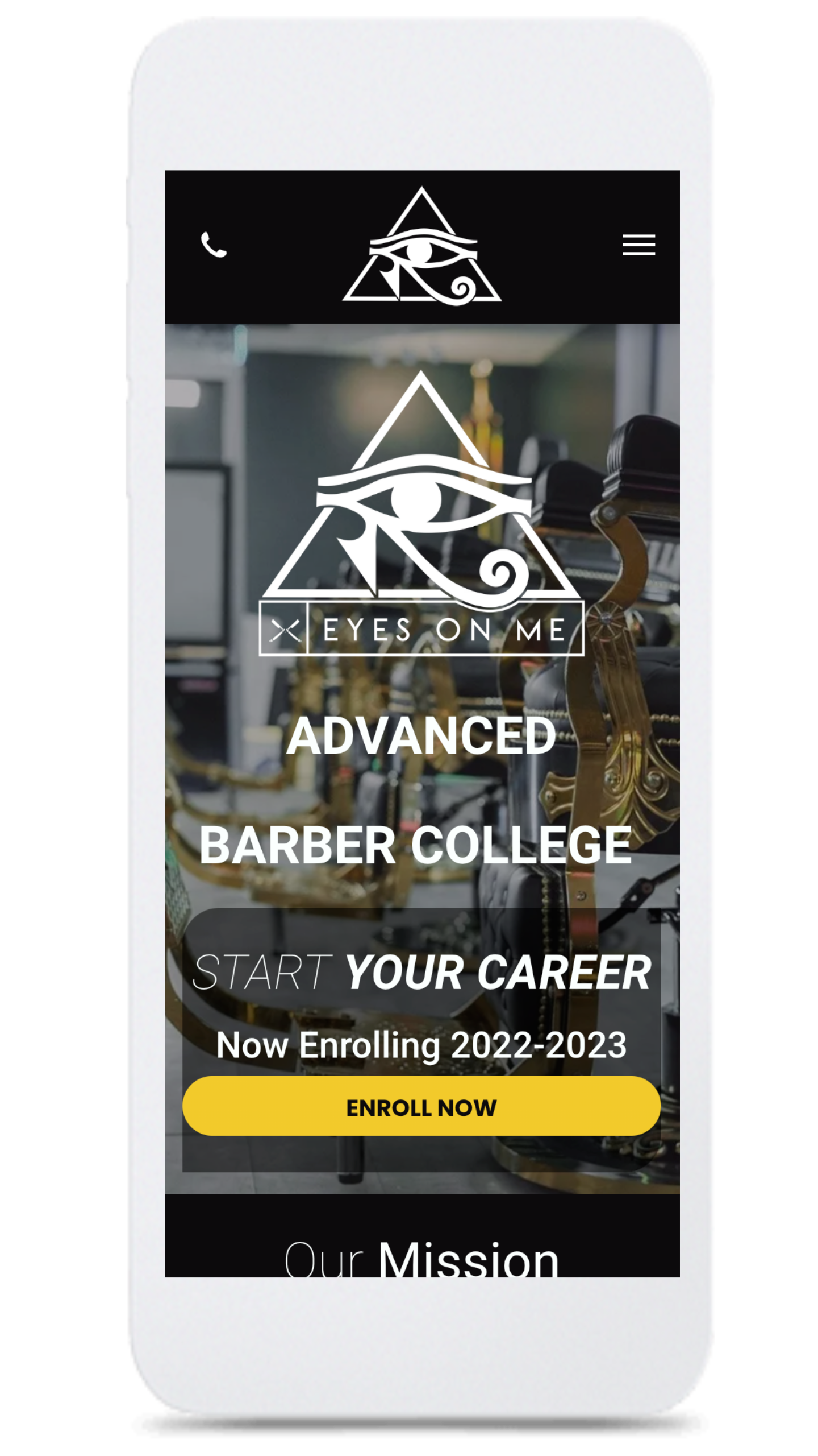 A cell phone with a barber college website on it.