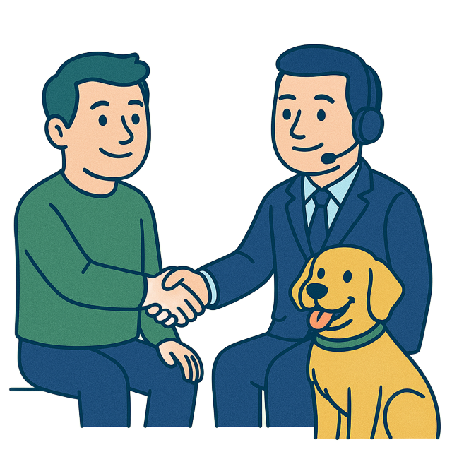 Two men shaking hands, a dog sitting beside one. The man on the right wears a headset.