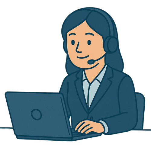Woman in headset and suit, using a laptop.
