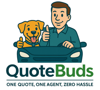 Man and dog giving thumbs up, in a car. QuoteBuds logo with tagline below.