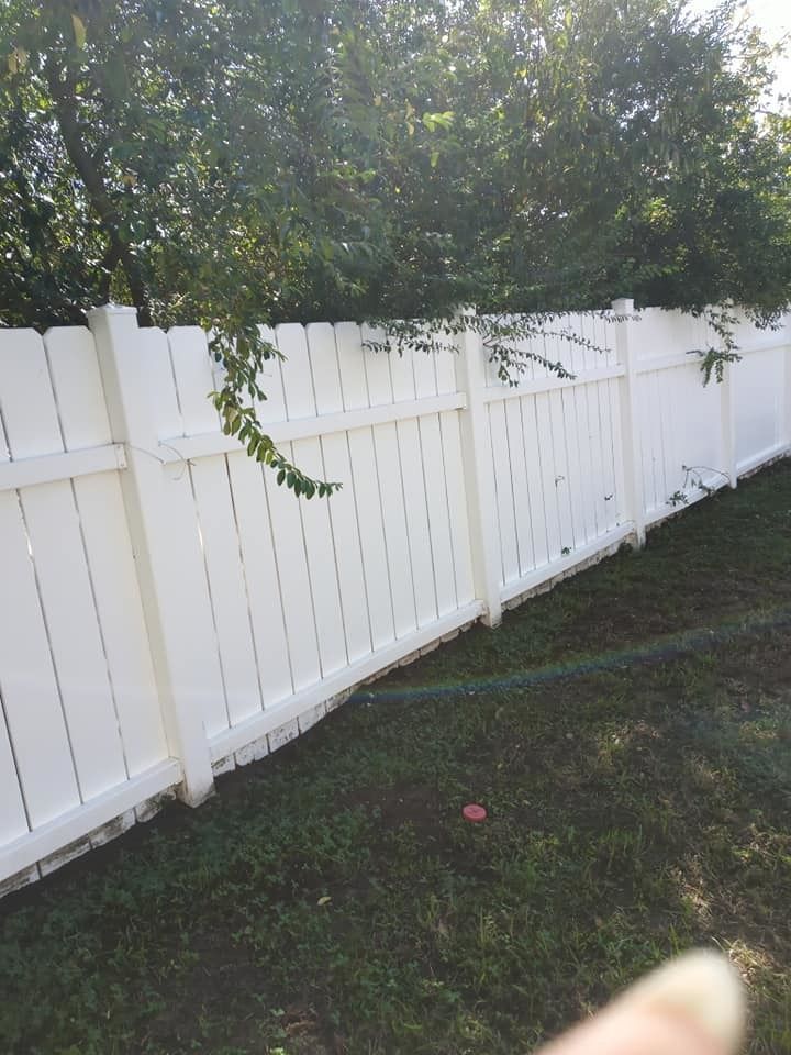 A white fence is surrounded by trees in a backyard.