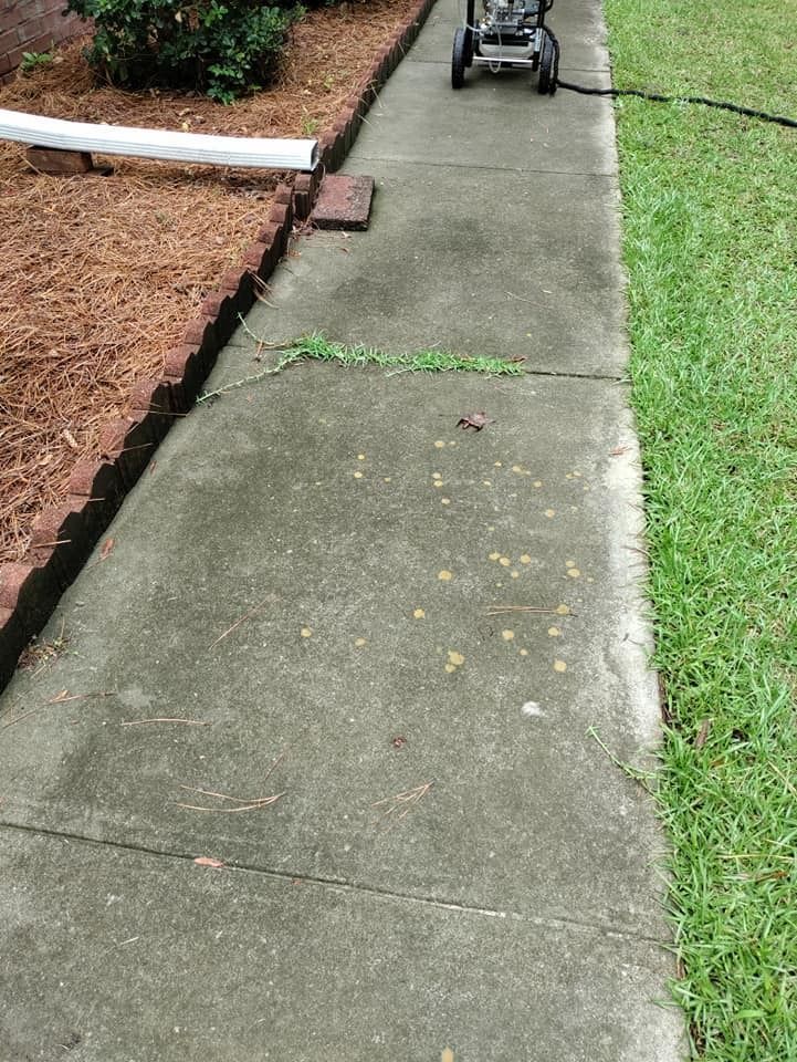 A pressure washer is cleaning a sidewalk next to a lawn.