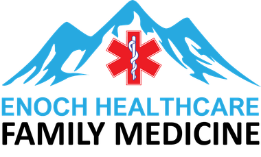 A logo for enoch healthcare family medicine with mountains and an ambulance symbol.