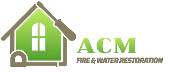 A logo for a company called acm fire and water restoration