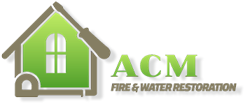 A logo for a company called acm fire and water restoration