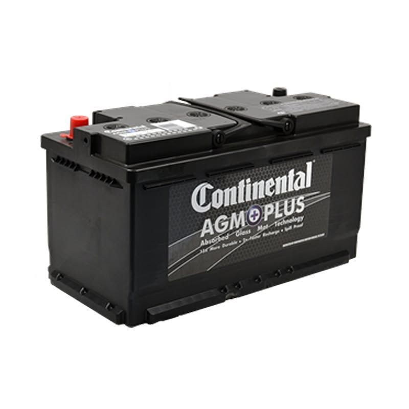 Black Continental AGM PLUS car battery with red and black terminals.