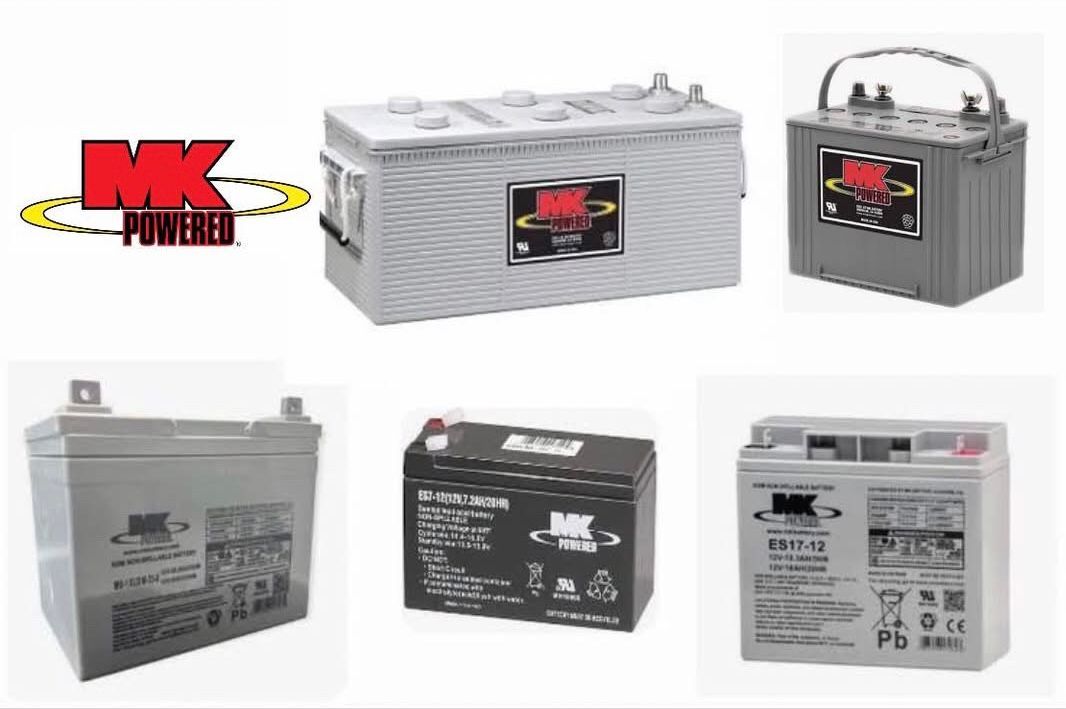 MK Powered batteries, various sizes and models, arranged in a collage.