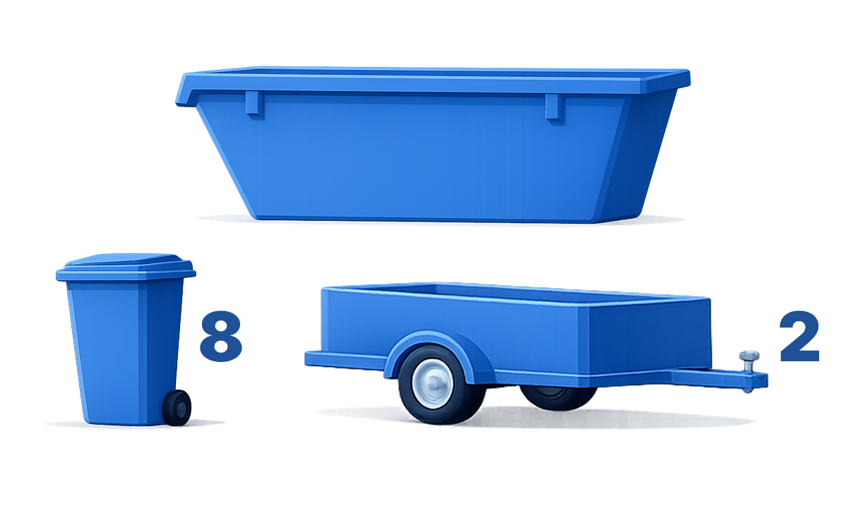 A blue dumpster positioned above a blue wheelie bin labeled 