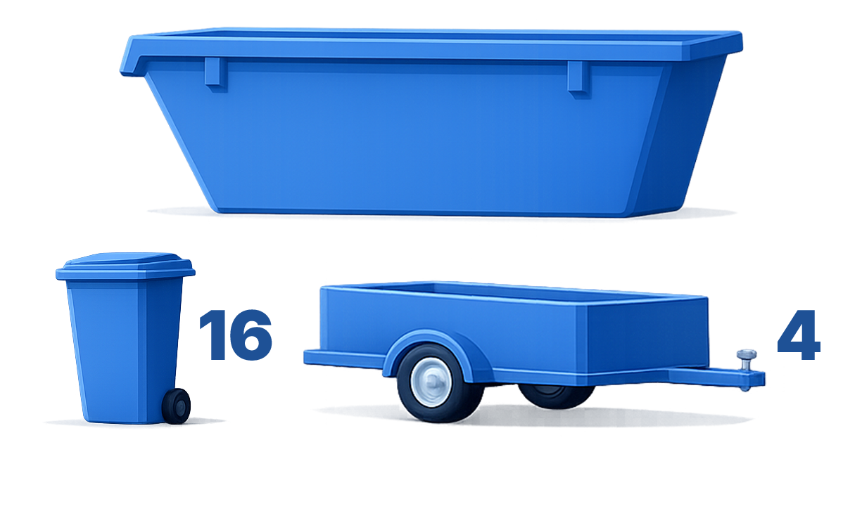 A blue dumpster positioned above a blue wheelie bin labeled 