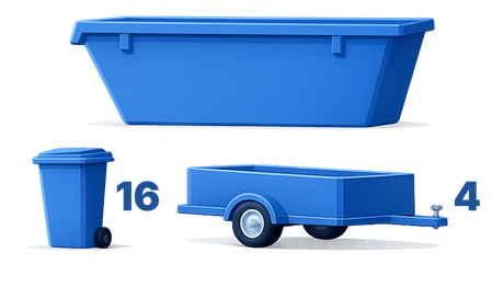 A blue dumpster positioned above a blue wheelie bin labeled