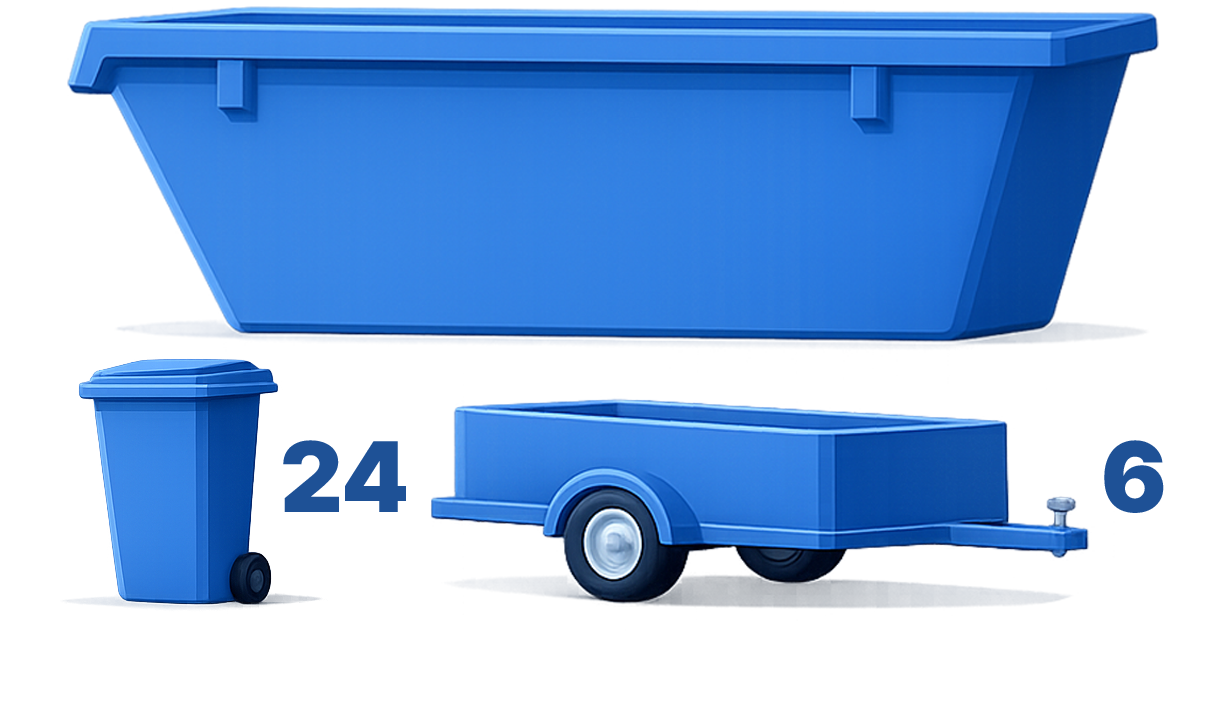 A blue dumpster positioned above a blue wheelie bin labeled 