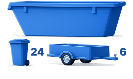 A blue dumpster positioned above a blue wheelie bin labeled