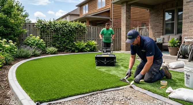 Two workers install synthetic turf in a suburban backyard, with one kneeling to trim edges and another operating a roller.