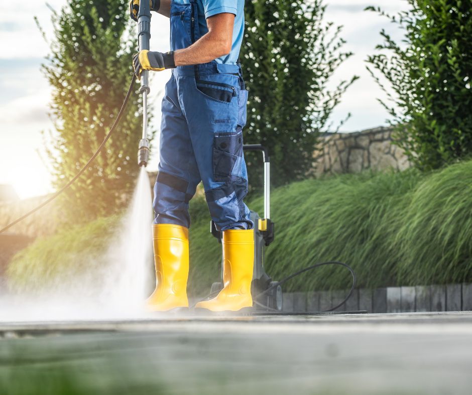 A man in blue overalls and yellow boots is using a high pressure washer safety to clean a driveway.