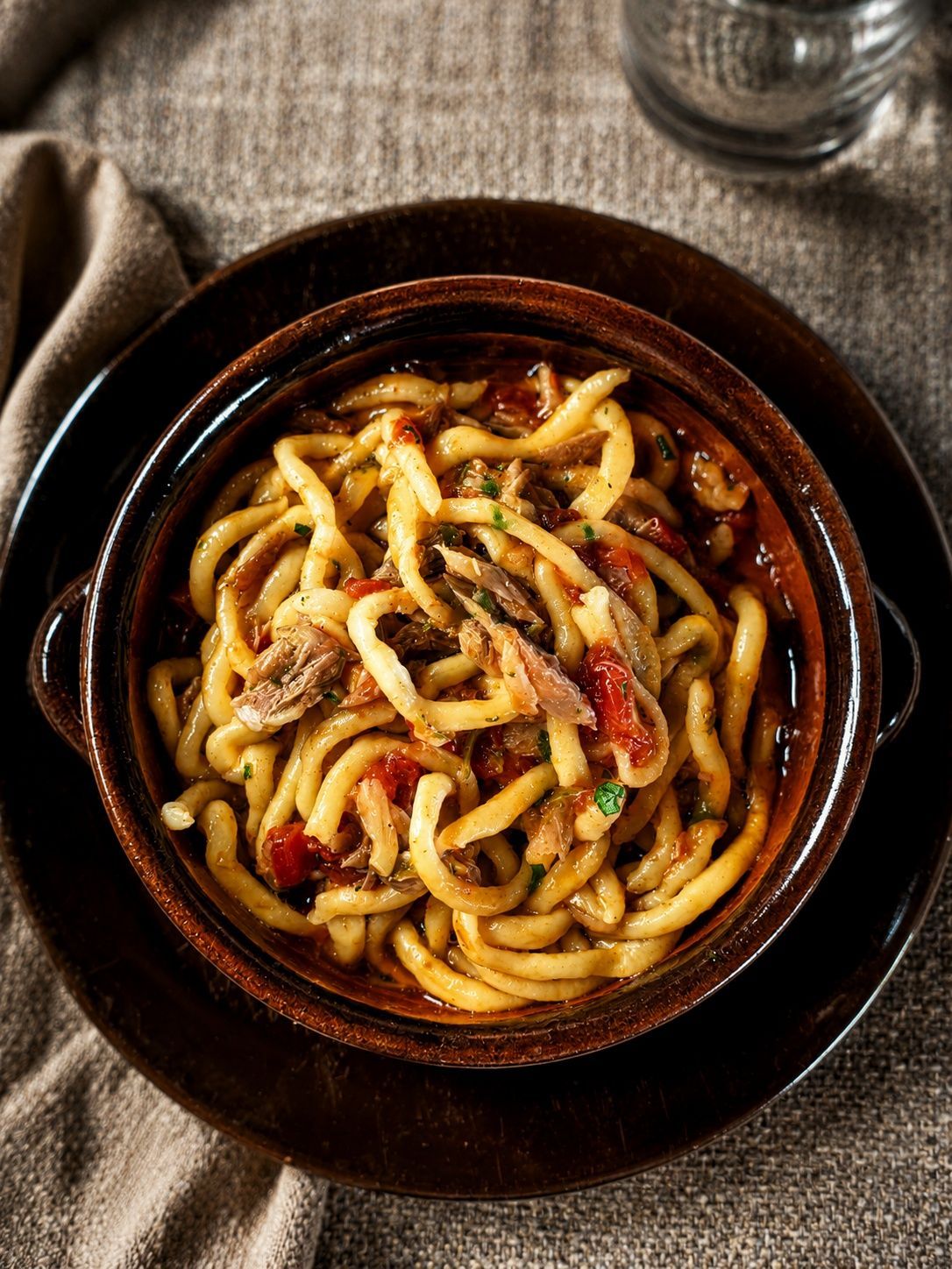 Ciotola di spessi spaghetti con salsa rossa ed erbe aromatiche su un piatto scuro, vista dall'alto.