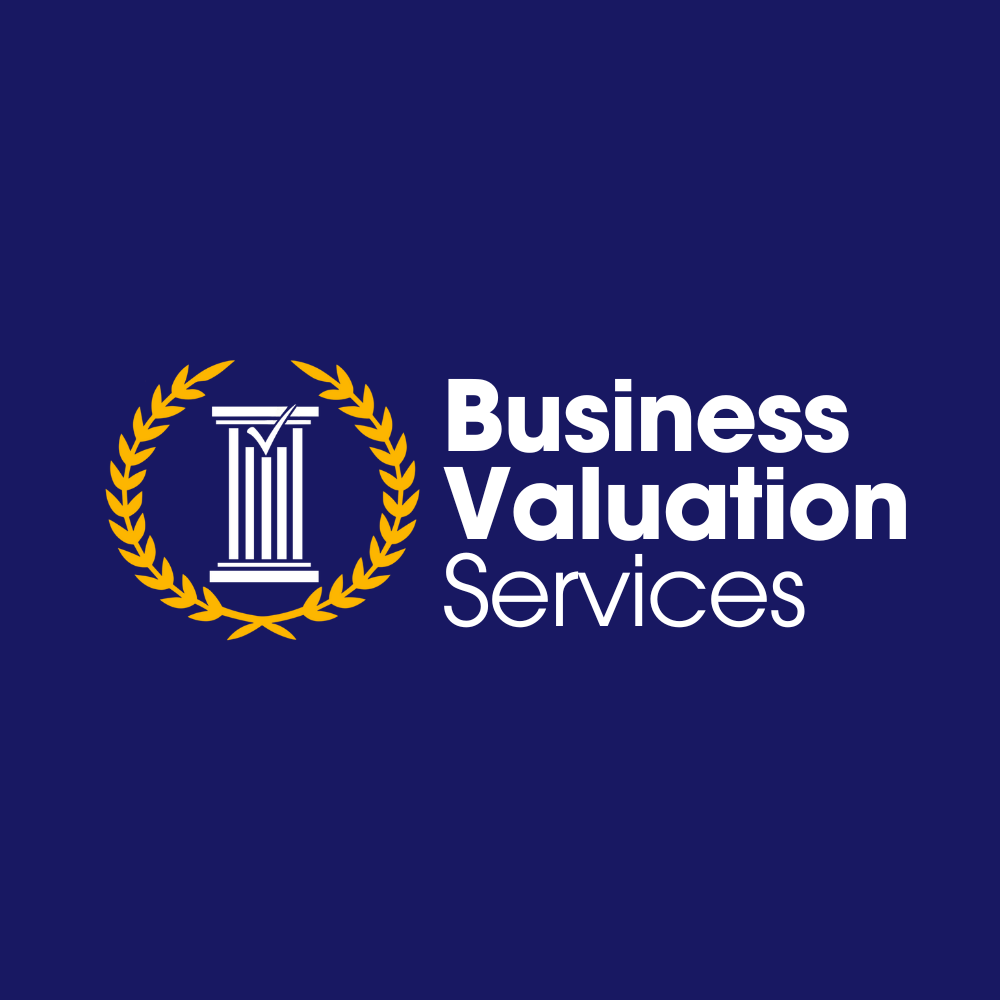 A logo for business valuation services with a pillar and laurel wreath on a blue background.