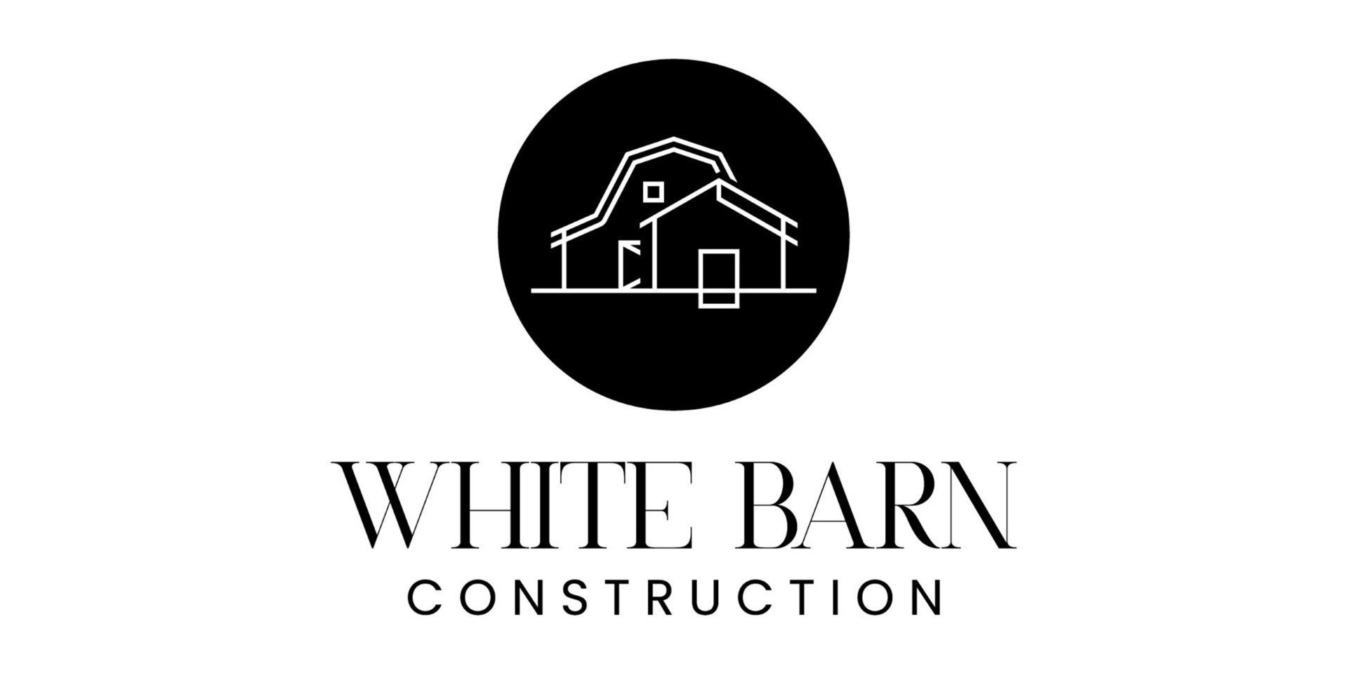The logo for white barn construction shows a barn in a circle.