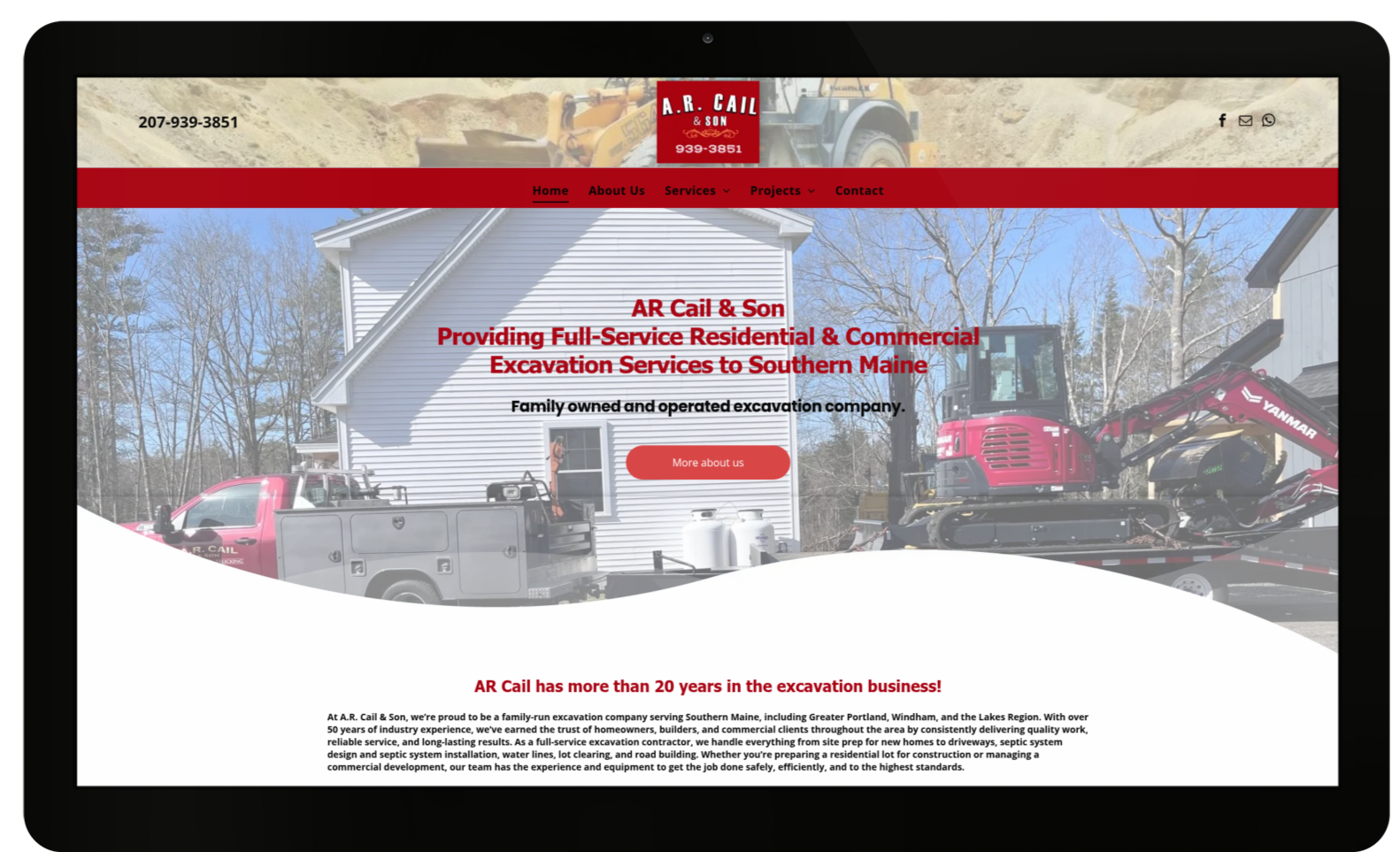 Website homepage for Ar cail & Son, with construction equipment.
