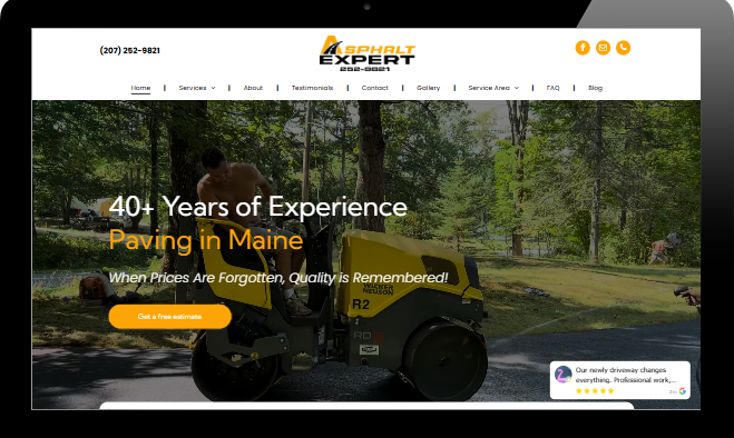 Homepage hero for asphalt paving company with road roller in a wooded setting and “40+ Years of Experience” text