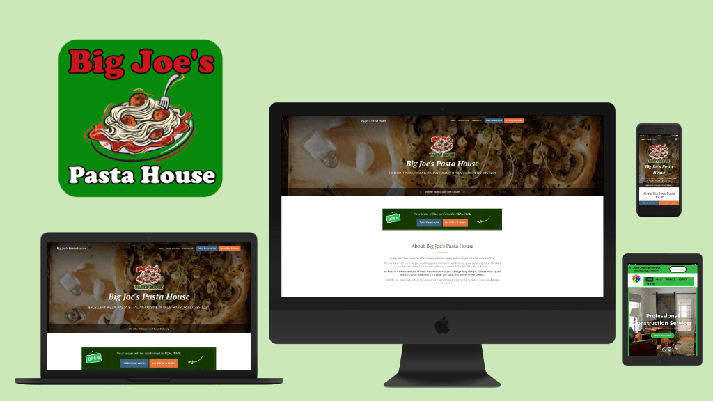 A big joe 's pasta house website is displayed on a computer , laptop , tablet , and phone.