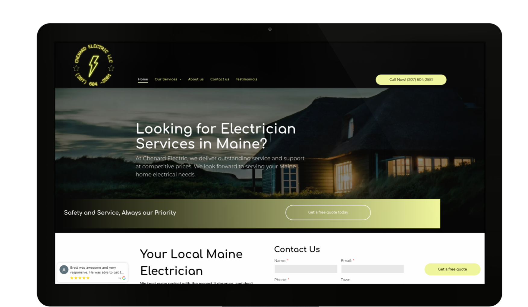 Website for an electrician service in Maine on a laptop, showing a house at dusk.